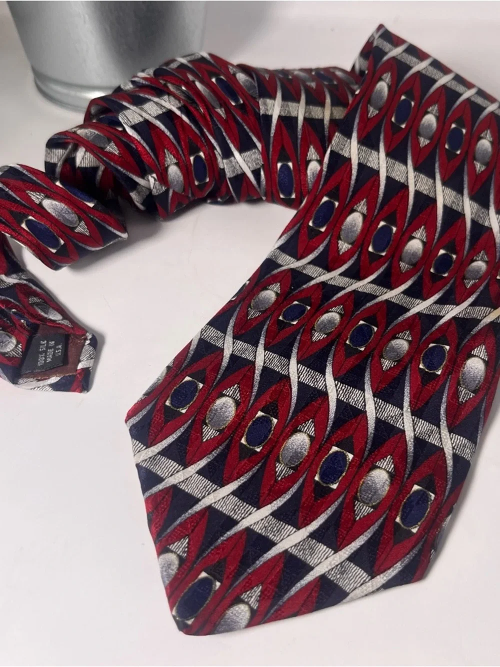 Pierre Balmain‎ Vintage Abtract Geometric Silk Tie Red and Navy Formal Office